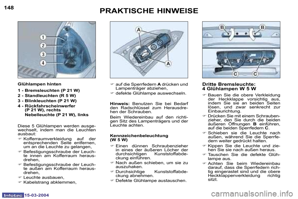 Peugeot 307 SW 2004  Betriebsanleitung (in German) �1�5�-�0�3�-�2�0�0�4�1�5�-�0�3�-�2�0�0�4
�1�4�8�1�4�9�P�R�A�K�T�I�S�C�H�E� �H�I�N�W�E�I�S�E�D�r�i�t�t�e� �B�r�e�m�s�l�e�u�c�h�t�e�: 
�4
� �G�l�ü�h�l�a�m�p�e�n� �W� �5� �W
�F� �B�a�u�e�n�  �S�i�e�  �d