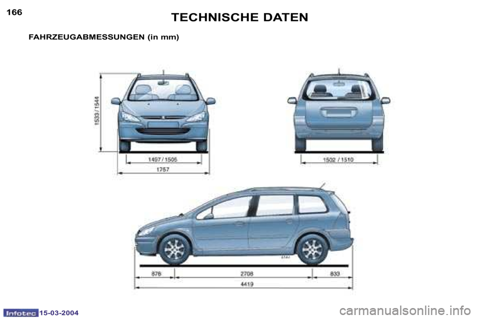 Peugeot 307 SW 2004  Betriebsanleitung (in German) �1�5�-�0�3�-�2�0�0�4�1�5�-�0�3�-�2�0�0�4
�1�6�6�1�6�7�T�E�C�H�N�I�S�C�H�E� �D�A�T�E�N
�F�A�H�R�Z�E�U�G�A�B�M�E�S�S�U�N�G�E�N� �(�i�n� �m�m�)  