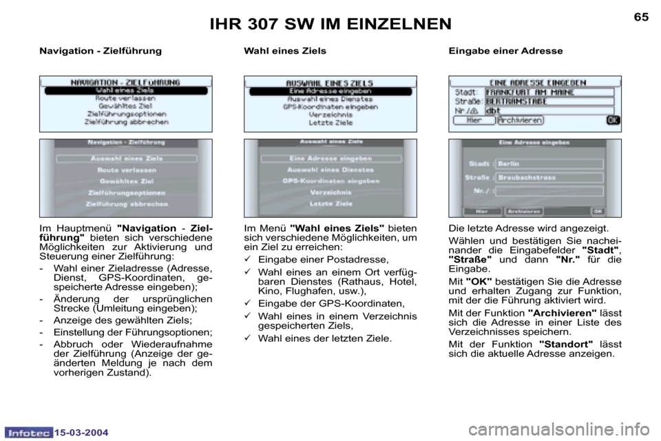 Peugeot 307 SW 2004  Betriebsanleitung (in German) �1�5�-�0�3�-�2�0�0�4�1�5�-�0�3�-�2�0�0�4
�6�4�6�5
�N�a�v�i�g�a�t�i�o�n� �-� �Z�i�e�l�f�ü�h�r�u�n�g �W�a�h�l� �e�i�n�e�s� �Z�i�e�l�s �E�i�n�g�a�b�e� �e�i�n�e�r� �A�d�r�e�s�s�e
�I�m�  �H�a�u�p�t�m�e�n�