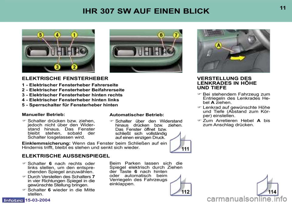 Peugeot 307 SW 2004  Betriebsanleitung (in German) �1�5�-�0�3�-�2�0�0�4�1�5�-�0�3�-�2�0�0�4
�1�1�4�1�1�2
�1�1�1
�1�0�1�1�I�H�R� �3�0�7� �S�W� �A�U�F� �E�I�N�E�N� �B�L�I�C�K�V�E�R�S�T�E�L�L�U�N�G� �D�E�S�  
�L�E�N�K�R�A�D�E�S� �I�N� �H�Ö�H�E� 
�U�N�D�