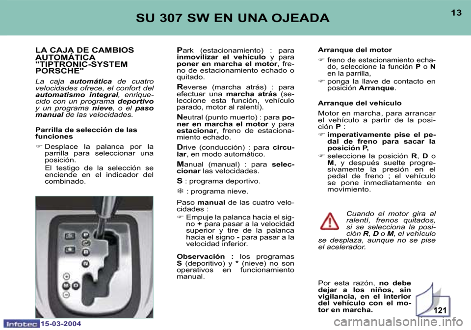 Peugeot 307 SW 2004  Manual del propietario (in Spanish) �1�2�1
�1�2
�1�5�-�0�3�-�2�0�0�4
�1�3
�1�5�-�0�3�-�2�0�0�4
�S�U� �3�0�7� �S�W� �E�N� �U�N�A� �O�J�E�A�D�A
�L�A� �C�A�J�A� �D�E� �C�A�M�B�I�O�S�  
�A�U�T�O�M�Á�T�I�C�A�  
�"�T�I�P�T�R�O�N�I�C�-�S�Y�S�