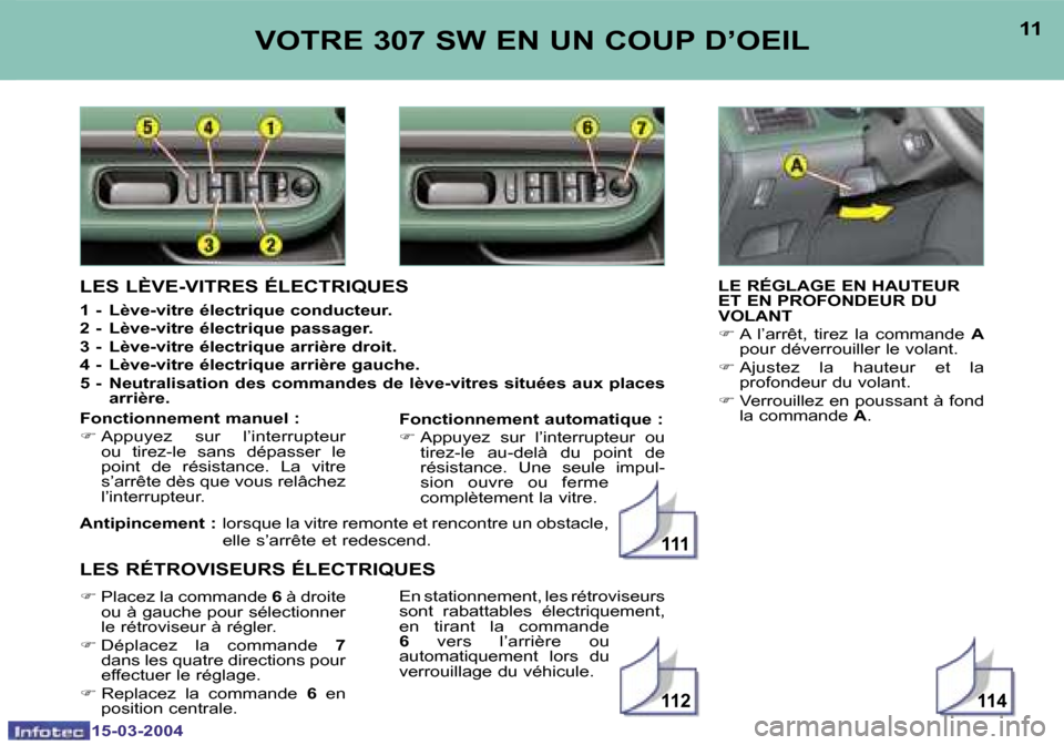 Peugeot 307 SW 2004  Manuel du propriétaire (in French) �1�5�-�0�3�-�2�0�0�4�1�5�-�0�3�-�2�0�0�4
�1�1�4�1�1�2
�1�1�1
�1�0�1�1�V�O�T�R�E� �3�0�7� �S�W� �E�N� �U�N� �C�O�U�P� �D�’�O�E�I�L
�L�E� �R�É�G�L�A�G�E� �E�N� �H�A�U�T�E�U�R�  
�E�T� �E�N� �P�R�O�F�