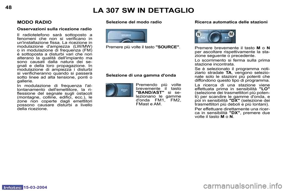 Peugeot 307 SW 2004  Manuale del proprietario (in Italian) �4�8
�1�5�-�0�3�-�2�0�0�4
�4�9
�1�5�-�0�3�-�2�0�0�4
�L�A� �3�0�7� �S�W� �I�N� �D�E�T�T�A�G�L�I�O
�S�e�l�e�z�i�o�n�e� �d�e�l� �m�o�d�o� �r�a�d�i�o�  �R�i�c�e�r�c�a� �a�u�t�o�m�a�t�i�c�a� �d�e�l�l�e� �s