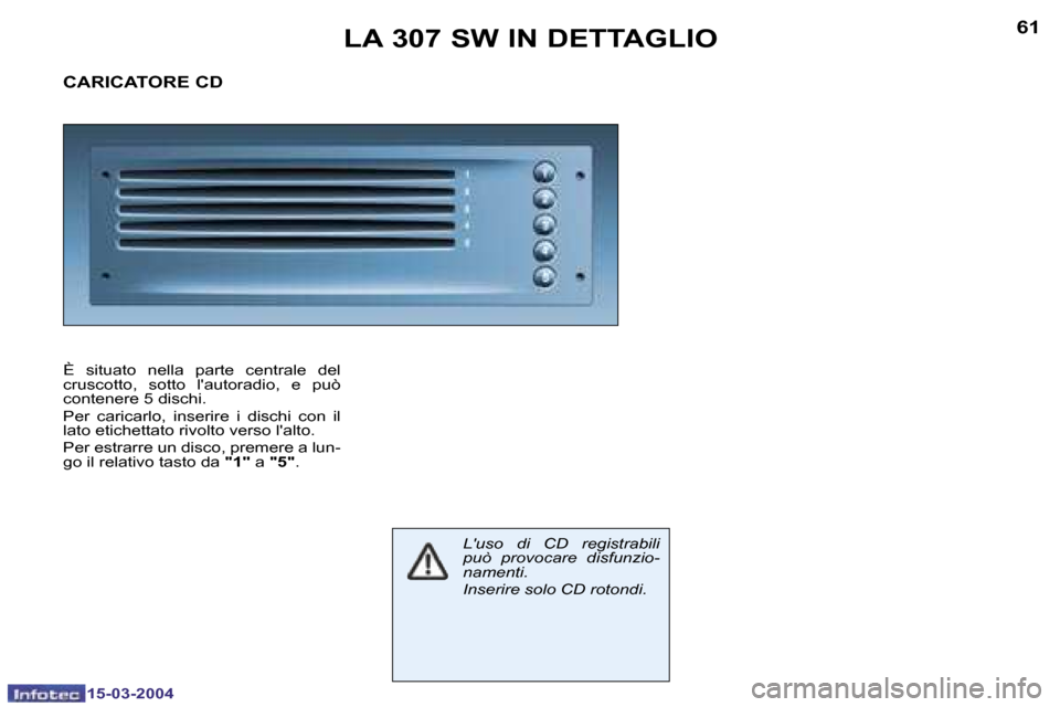 Peugeot 307 SW 2004  Manuale del proprietario (in Italian) �6�0
�1�5�-�0�3�-�2�0�0�4
�6�1
�1�5�-�0�3�-�2�0�0�4
�L�A� �3�0�7� �S�W� �I�N� �D�E�T�T�A�G�L�I�O
�C�A�R�I�C�A�T�O�R�E� �C�D
�È�  �s�i�t�u�a�t�o�  �n�e�l�l�a�  �p�a�r�t�e�  �c�e�n�t�r�a�l�e�  �d�e�l� 