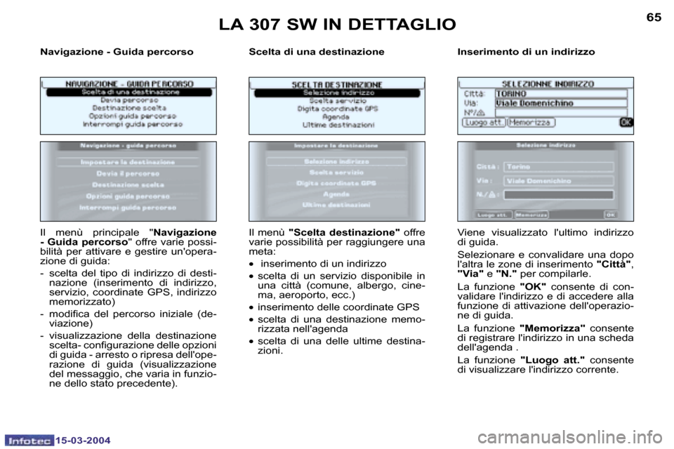 Peugeot 307 SW 2004  Manuale del proprietario (in Italian) �6�4
�1�5�-�0�3�-�2�0�0�4
�6�5
�1�5�-�0�3�-�2�0�0�4
�N�a�v�i�g�a�z�i�o�n�e� �-� �G�u�i�d�a� �p�e�r�c�o�r�s�o �S�c�e�l�t�a� �d�i� �u�n�a� �d�e�s�t�i�n�a�z�i�o�n�e �I�n�s�e�r�i�m�e�n�t�o� �d�i� �u�n� �i