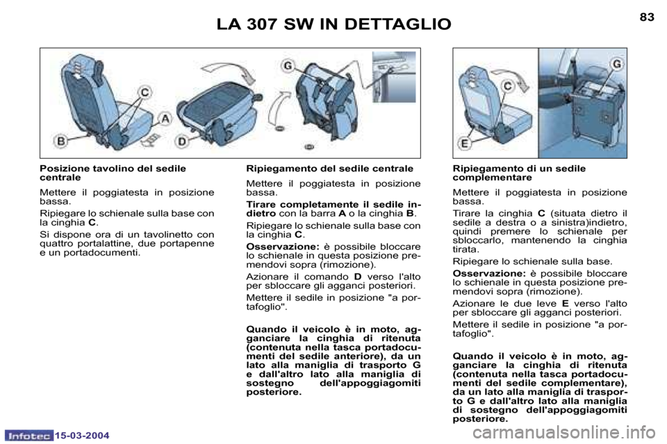 Peugeot 307 SW 2004  Manuale del proprietario (in Italian) �8�2
�1�5�-�0�3�-�2�0�0�4
�8�3
�1�5�-�0�3�-�2�0�0�4
�L�A� �3�0�7� �S�W� �I�N� �D�E�T�T�A�G�L�I�O
�P�o�s�i�z�i�o�n�e� �t�a�v�o�l�i�n�o� �d�e�l� �s�e�d�i�l�e�  
�c�e�n�t�r�a�l�e 
�M�e�t�t�e�r�e�  �i�l� 