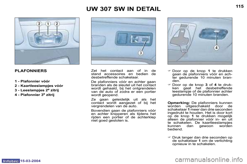 Peugeot 307 SW 2004  Handleiding (in Dutch) �1�5�-�0�3�-�2�0�0�4�1�5�-�0�3�-�2�0�0�4
�1�1�4�1�1�5�U�W� �3�0�7� �S�W� �I�N� �D�E�T�A�I�L
�P�L�A�F�O�N�N�I�E�R�S
�1� �-� � �P�l�a�f�o�n�n�i�e�r� �v�ó�ó�r 
�2� �-� �K�a�a�r�t�l�e�e�s�l�a�m�p�j�e�s�