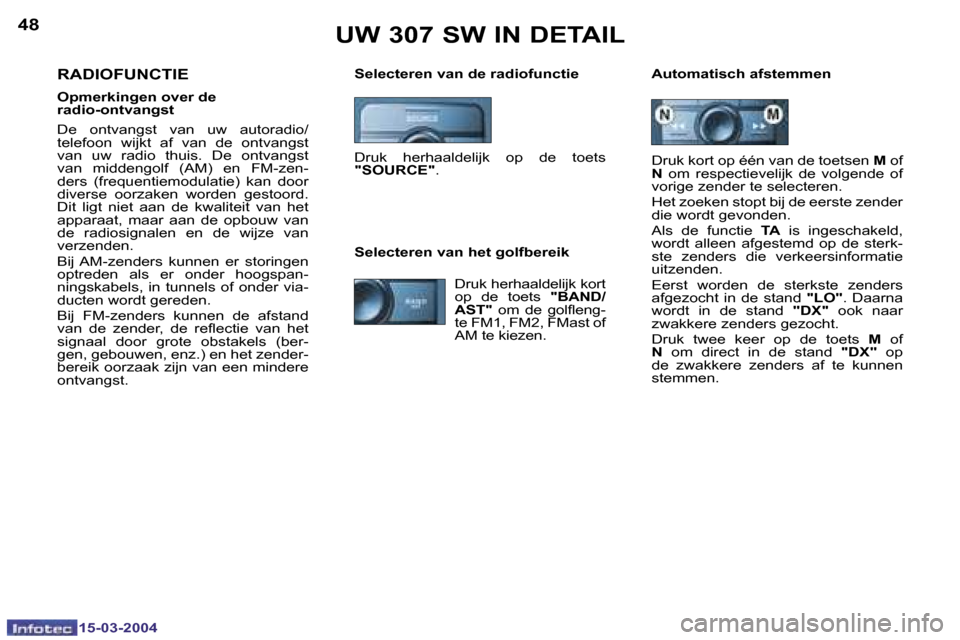 Peugeot 307 SW 2004  Handleiding (in Dutch) �1�5�-�0�3�-�2�0�0�4�1�5�-�0�3�-�2�0�0�4
�4�8�4�9�U�W� �3�0�7� �S�W� �I�N� �D�E�T�A�I�L
�S�e�l�e�c�t�e�r�e�n� �v�a�n� �d�e� �r�a�d�i�o�f�u�n�c�t�i�e �A�u�t�o�m�a�t�i�s�c�h� �a�f�s�t�e�m�m�e�n�R�A�D�I�