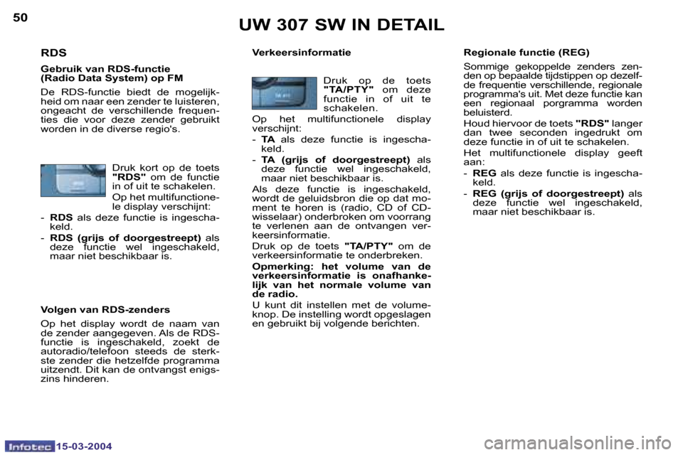 Peugeot 307 SW 2004  Handleiding (in Dutch) �1�5�-�0�3�-�2�0�0�4�1�5�-�0�3�-�2�0�0�4
�5�0�5�1�U�W� �3�0�7� �S�W� �I�N� �D�E�T�A�I�L
�R�e�g�i�o�n�a�l�e� �f�u�n�c�t�i�e� �(�R�E�G�) 
�S�o�m�m�i�g�e�  �g�e�k�o�p�p�e�l�d�e�  �z�e�n�d�e�r�s�  �z�e�n�