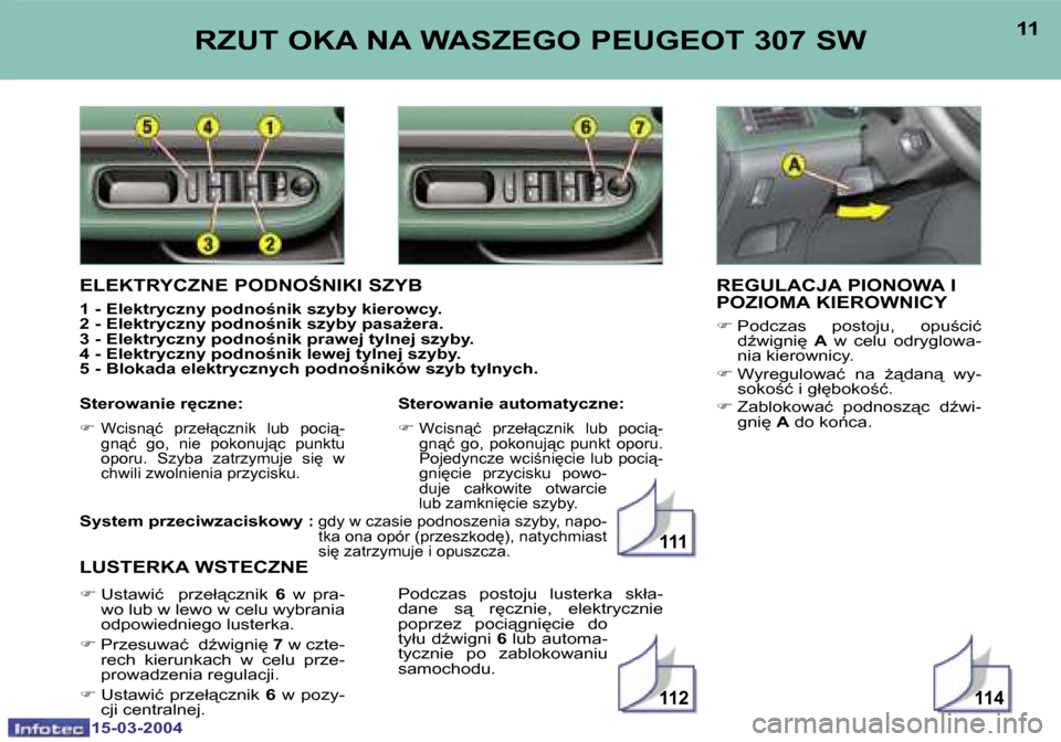 Peugeot 307 SW 2004  Instrukcja Obsługi (in Polish) �1�5�-�0�3�-�2�0�0�4�1�5�-�0�3�-�2�0�0�4
�1�1�4�1�1�2
�1�1�1
�1�0�1�1�R�Z�U�T� �O�K�A� �N�A� �W�A�S�Z�E�G�O� �P�E�U�G�E�O�T� �3�0�7� �S�W� 
�R�E�G�U�L�A�C�J�A� �P�I�O�N�O�W�A� �I�  
�P�O�Z�I�O�M�A� �K