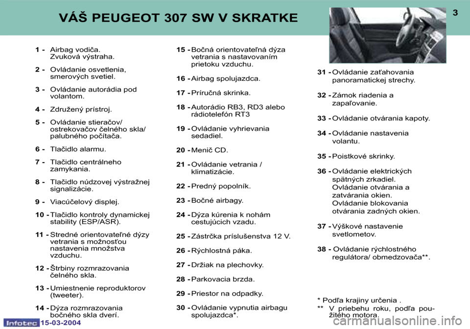 Peugeot 307 SW 2004  Užívateľská príručka (in Slovak) �1�5�-�0�3�-�2�0�0�4�1�5�-�0�3�-�2�0�0�4
�2�3
�1� �-�  �A�i�r�b�a�g� �v�o�d�i�č�a�.
�  �Z�v�u�k�o�v�á� �v�ý�s�t�r�a�h�a�. 
�2� �- �  �O�v�l�á�d�a�n�i�e� �o�s�v�e�t�l�e�n�i�a�,� 
�s�m�e�r�o�v�ý�c�