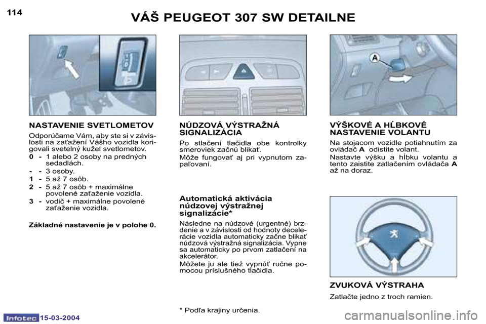 Peugeot 307 SW 2004  Užívateľská príručka (in Slovak) �1�5�-�0�3�-�2�0�0�4�1�5�-�0�3�-�2�0�0�4
�1�1�4�1�1�5�V�Á�Š� �P�E�U�G�E�O�T� �3�0�7� �S�W� �D�E�T�A�I�L�N�E
�N�A�S�T�A�V�E�N�I�E� �S�V�E�T�L�O�M�E�T�O�V
�O�d�p�o�r�ú�č�a�m�e� �V�á�m�,� �a�b�y� �s