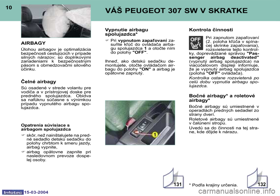Peugeot 307 SW 2004  Užívateľská príručka (in Slovak) �1�5�-�0�3�-�2�0�0�4�1�5�-�0�3�-�2�0�0�4
�1�3�1�1�3�2
�1�0�1�1�V�Á�Š� �P�E�U�G�E�O�T� �3�0�7� �S�W� �V� �S�K�R�A�T�K�E�B�o�č�n�é� �a�i�r�b�a�g�y�*� �a� �r�o�l�e�t�o�v�é�  
�a�i�r�b�a�g�y�*
�B�o��