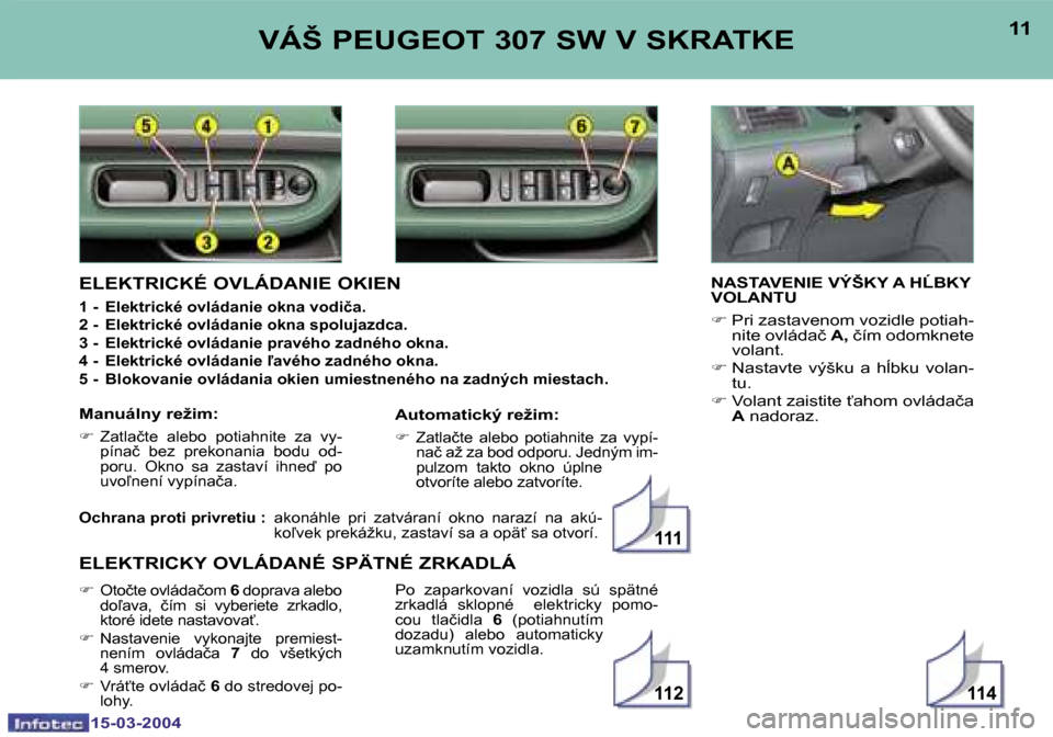 Peugeot 307 SW 2004  Užívateľská príručka (in Slovak) �1�5�-�0�3�-�2�0�0�4�1�5�-�0�3�-�2�0�0�4
�1�1�4�1�1�2
�1�1�1
�1�0�1�1�V�Á�Š� �P�E�U�G�E�O�T� �3�0�7� �S�W� �V� �S�K�R�A�T�K�E
�N�A�S�T�A�V�E�N�I�E� �V�Ý�Š�K�Y� �A� �H*�B�K�Y�  
�V�O�L�A�N�T�U 
�F