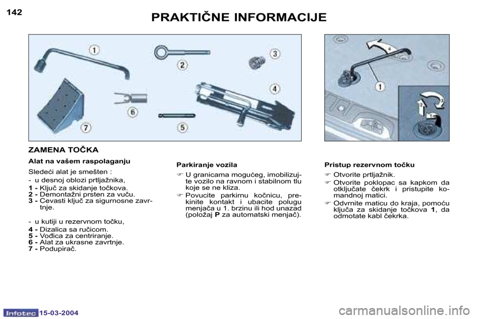 Peugeot 307 SW 2004  Упутство за употребу (in Serbian) �1�5�-�0�3�-�2�0�0�4�1�5�-�0�3�-�2�0�0�4
�1�4�2�1�4�3�P�R�A�K�T�I�Č�N�E� �I�N�F�O�R�M�A�C�I�J�E
�P�a�r�k�i�r�a�n�j�e� �v�o�z�i�l�a 
�F� �U� �g�r�a�n�i�c�a�m�a� �m�o�g�u�ć�e�g�,� �i�m�o�b�i�l�i�z�u�j