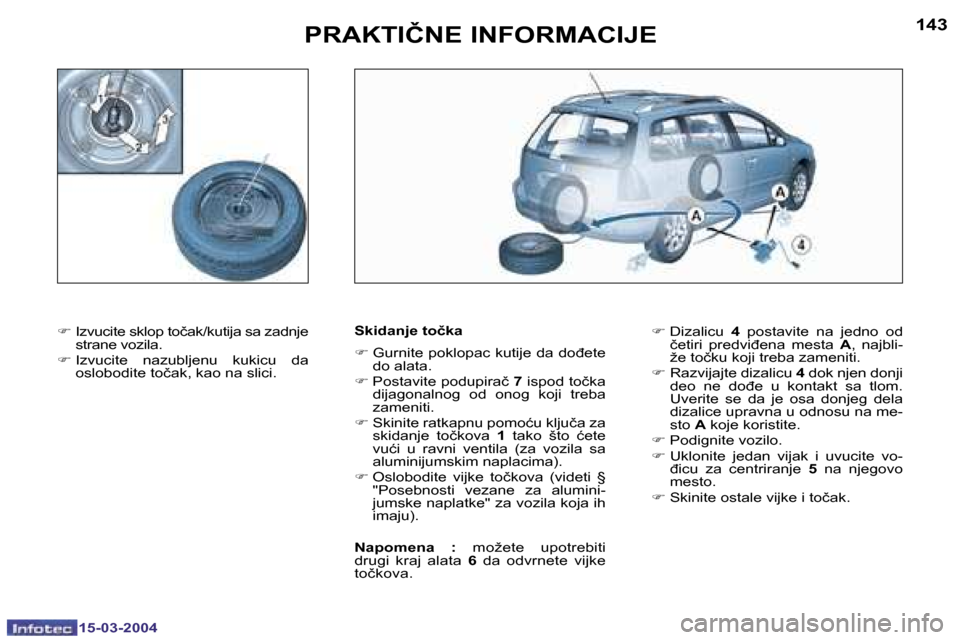Peugeot 307 SW 2004  Упутство за употребу (in Serbian) �1�5�-�0�3�-�2�0�0�4�1�5�-�0�3�-�2�0�0�4
�1�4�2�1�4�3�P�R�A�K�T�I�Č�N�E� �I�N�F�O�R�M�A�C�I�J�E
�F� �I�z�v�u�c�i�t�e� �s�k�l�o�p� �t�o�č�a�k�/�k�u�t�i�j�a� �s�a� �z�a�d�n�j�e� 
�s�t�r�a�n�e� �v�o�z�