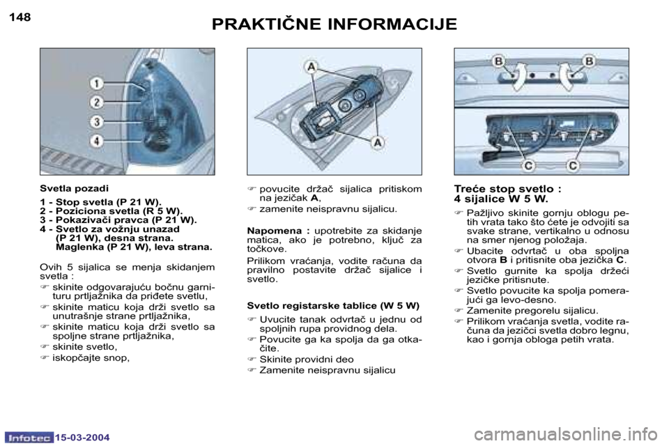 Peugeot 307 SW 2004  Упутство за употребу (in Serbian) �1�5�-�0�3�-�2�0�0�4�1�5�-�0�3�-�2�0�0�4
�1�4�8�1�4�9�P�R�A�K�T�I�Č�N�E� �I�N�F�O�R�M�A�C�I�J�E�T�r�e�ć�e� �s�t�o�p� �s�v�e�t�l�o� �:�  
�4� �s�i�j�a�l�i�c�e� �W� �5� �W�.
�F� �P�a�ž�l�j�i�v�o�  �s