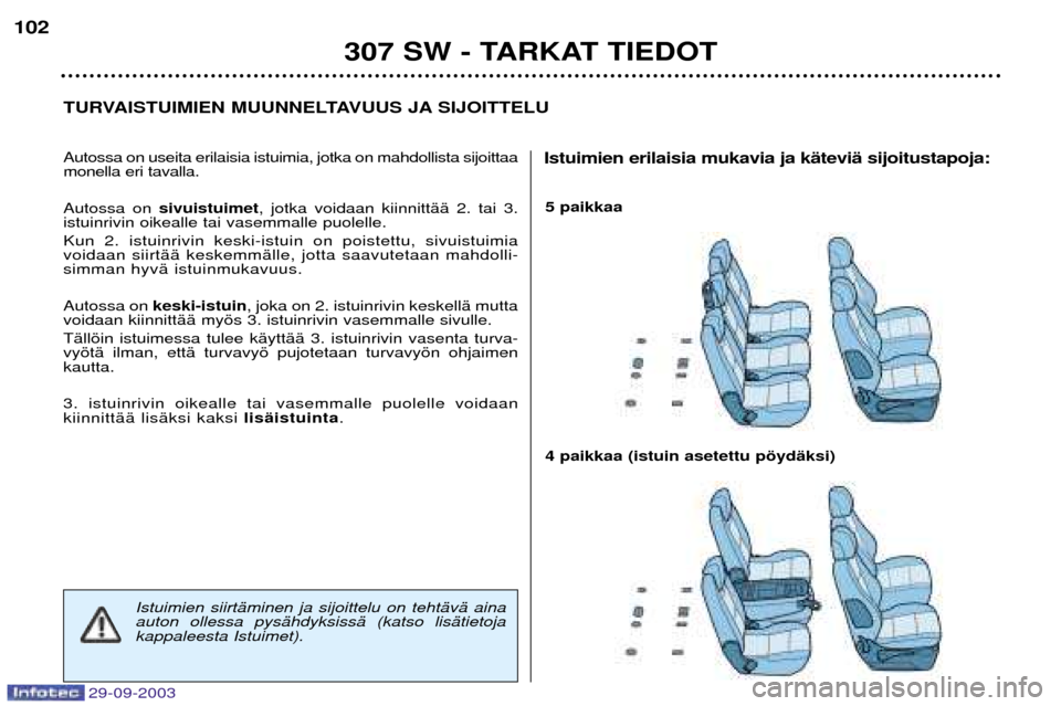 Peugeot 307 SW 2003.5  Omistajan käsikirja (in Finnish) 29-09-2003
 
	
	


	
 
 !"#$%&
!(
Autossa on useita erilaisia istuimia, jotka on mahdollista sijoittaa mo