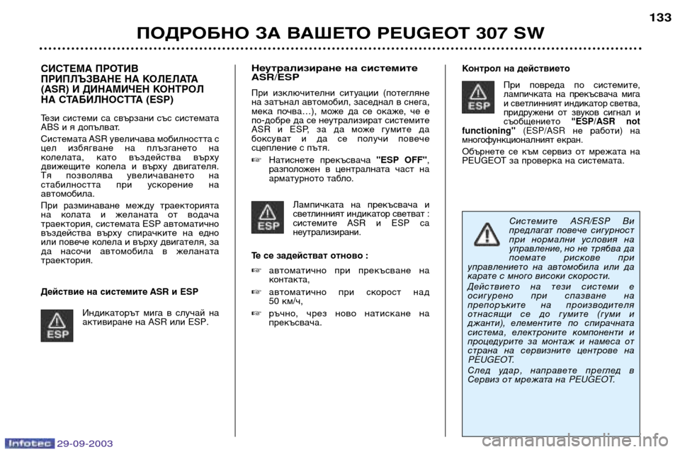 Peugeot 307 SW 2003.5  Ръководство за експлоатация (in Bulgarian) 
СИСТЕМА ПРОТИВ 
ПРИПЛЪЗВАНЕ НА КОЛЕЛАТА
(ASR) И ДИНАМИЧЕН КОНТРОЛ
НА СТАБИЛНОСТТА (ESP)  
Тези  системи  са  с