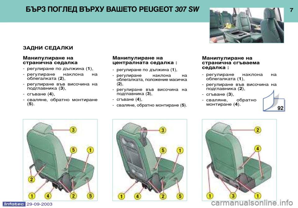 Peugeot 307 SW 2003.5  Ръководство за експлоатация (in Bulgarian) 

Манипулиране на 
странична сгъваема
седалка : регулиране  наклона  на 
облегалката ( 1),
 регулиране  въ
