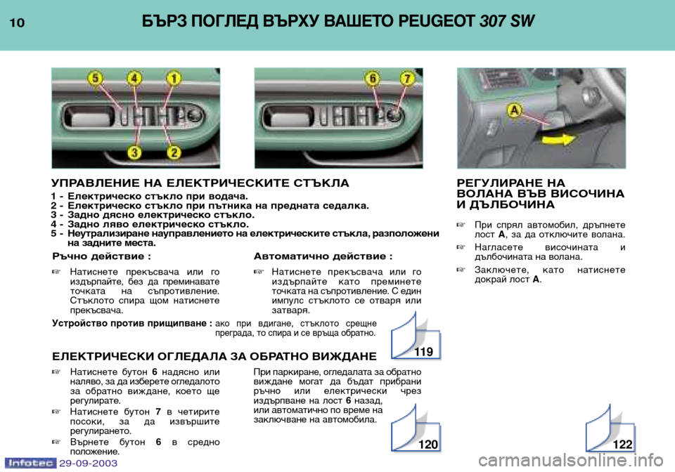 Peugeot 307 SW 2003.5  Ръководство за експлоатация (in Bulgarian) 

Устройство против прищипване :
ако  при  вдигане,  стъклото  срещне 
преграда, то спира и се връща обр�