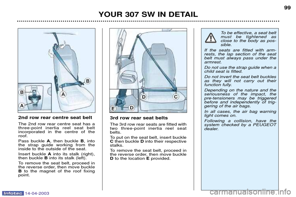 Peugeot 307 SW 2003  Owners Manual 14-04-2003
YOUR 307 SW IN DETAIL99
3rd row rear seat belts The 3rd row rear seats are fitted with two three-point inertia reel seatbelts. 
To put on the seat belt, insert buckle C then buckle  Dinto t