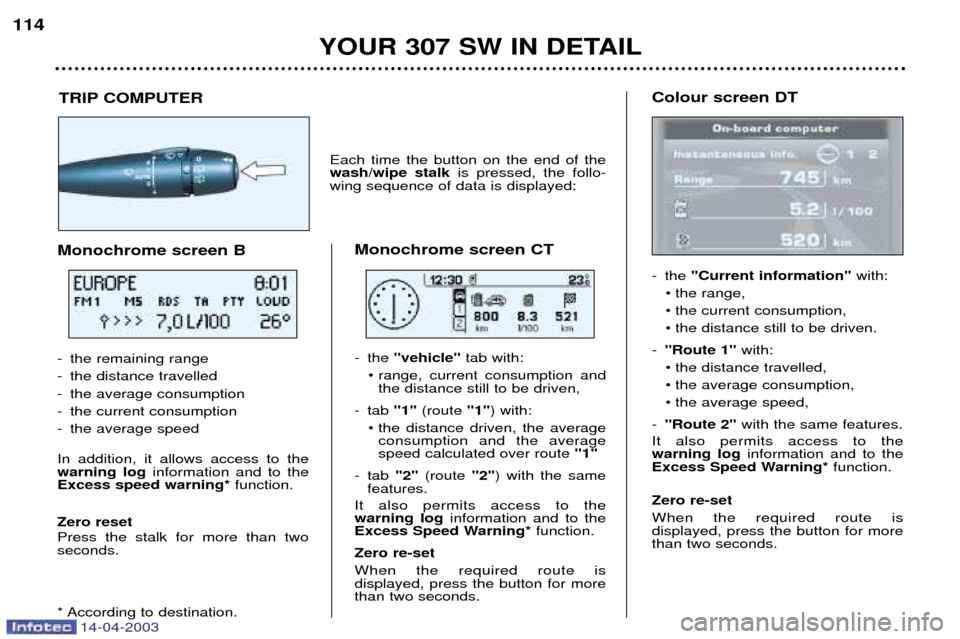 Peugeot 307 SW 2003 Owners Guide 14-04-2003
YOUR 307 SW IN DETAIL
114
Colour screen DT 
- the "Current information" with:
¥ the range, 
¥ the current consumption,
¥ the distance still to be driven.
- "Route 1" with:
¥ the distanc