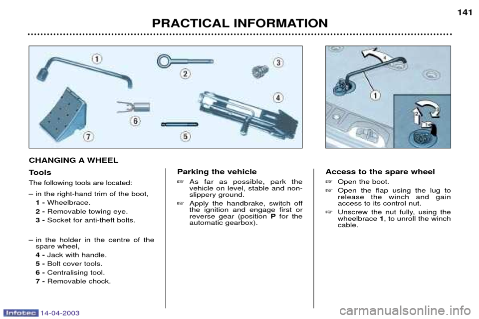 Peugeot 307 SW 2003  Owners Manual 14-04-2003
CHANGING A WHEEL 
Tools  The following tools are located: 
Ð in the right-hand trim of the boot,1 - Wheelbrace.
2 -  Removable towing eye.
3 -  Socket for anti-theft bolts.
Ð in the holde