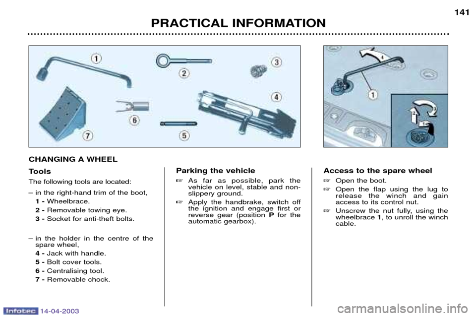 Peugeot 307 SW 2003  Owners Manual 14-04-2003
CHANGING A WHEEL 
Tools  The following tools are located: 
Ð in the right-hand trim of the boot,1 - Wheelbrace.
2 -  Removable towing eye.
3 -  Socket for anti-theft bolts.
Ð in the holde