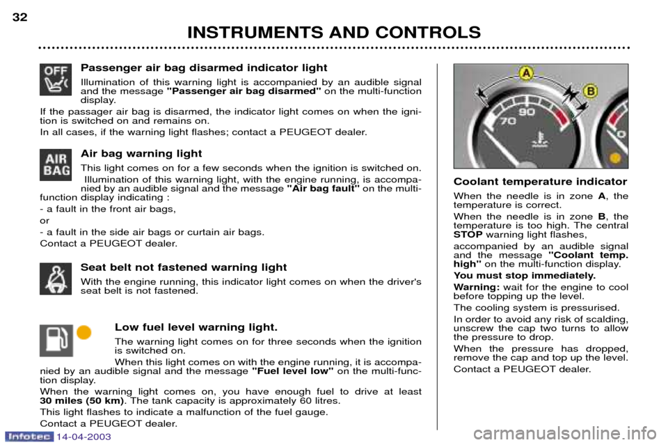 Peugeot 307 SW 2003  Owners Manual 14-04-2003
Passenger air bag disarmed indicator light  Illumination of this warning light is accompanied by an audible signal and the message "Passenger air bag disarmed"  on the multi-function
displa
