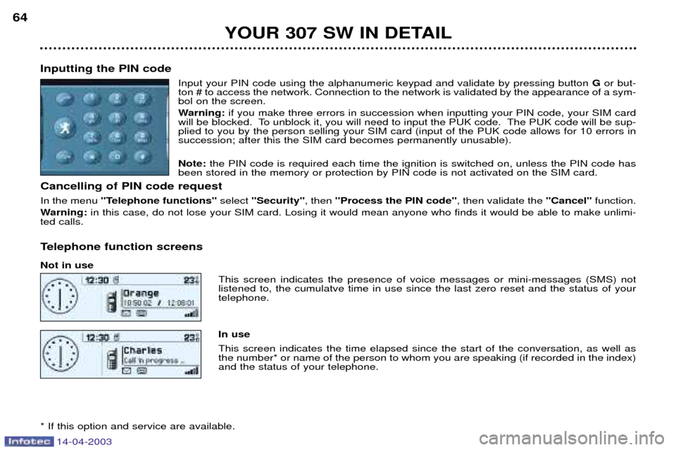 Peugeot 307 SW 2003 User Guide 14-04-2003
YOUR 307 SW IN DETAIL
64
Inputting the PIN code Input your PIN code using the alphanumeric keypad and validate by pressing button  Gor but-
ton # to access the network. Connection to the ne