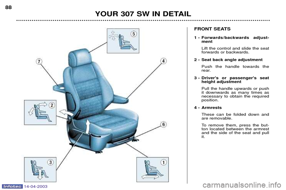 Peugeot 307 SW 2003 Owners Guide 14-04-2003
FRONT SEATS 
1 - Forwards/backwards  adjust-ment Lift the control and slide the seat forwards or backwards.
2 - Seat back angle adjustment Push the handle towards the
rear.
3 - Drivers or 