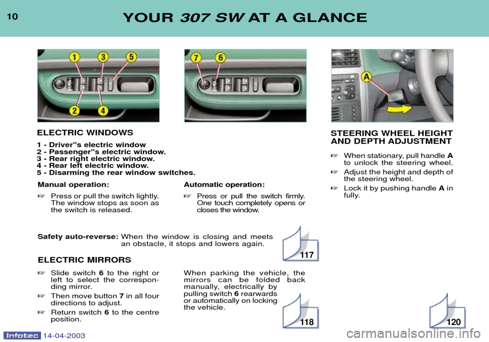 Peugeot 307 SW 2003  Owners Manual 14-04-2003
Safety auto-reverse: When the window is closing and meets an obstacle, it stops and lowers again.
ELECTRIC MIRRORS 
10YOUR  307 SW AT A GLANCE
ELECTRIC WINDOWS 
1 - Driver"s electric window