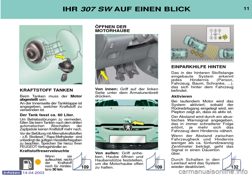 Peugeot 307 SW 2003  Betriebsanleitung (in German) EINPARKHILFE HINTEN  Das in der hinteren Sto§stange eingebaute System erkenntjedes Hindernis (Person,Fahrzeug, Baum, Schranke, ...),das sich hinter dem Fahrzeugbefindet. Aktivieren Bei laufendem Moto