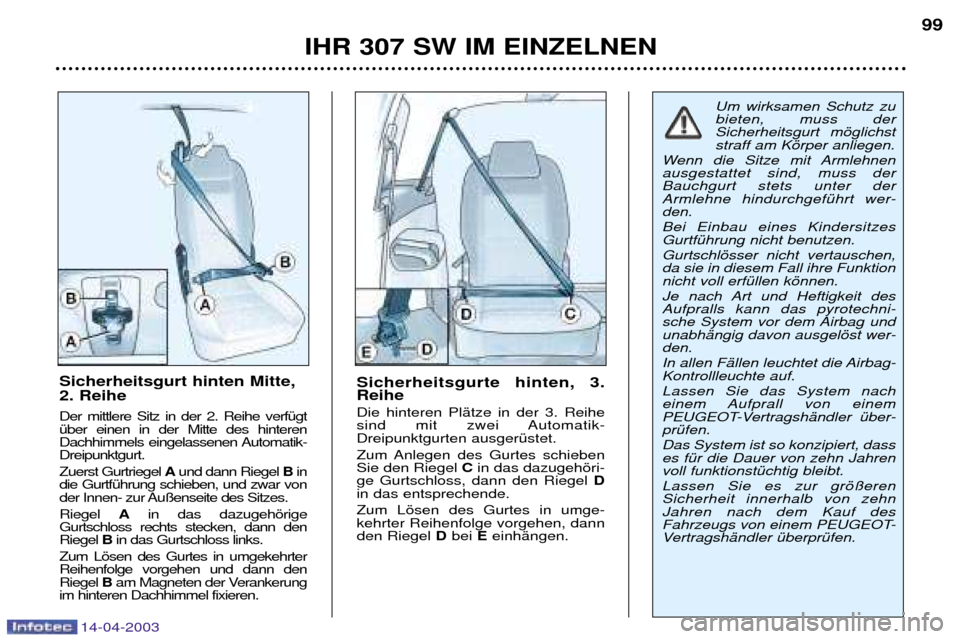 Peugeot 307 SW 2003  Betriebsanleitung (in German) 14-04-2003
IHR 307 SW IM EINZELNEN99
Sicherheitsgurte hinten, 3. Reihe Die hinteren PlŠtze in der 3. Reihe 
sind mit zwei Automatik-Dreipunktgurten ausgerŸstet. 
Zum Anlegen des Gurtes schieben Sie 