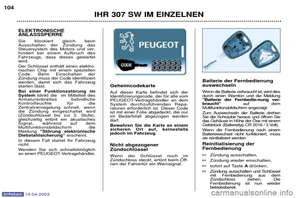 Peugeot 307 SW 2003 Betriebsanleitung (in German) Geheimcodekarte Auf dieser Karte befindet sich der Identifizierungscode, der fŸr alle vom
PEUGEOT-VertragshŠndler an demSystem durchzufŸhrenden Repa-raturen erforderlich ist. Dieser Codeist mit ein Peugeot 307 SW 2003 Betriebsanleitung (in German) Geheimcodekarte Auf dieser Karte befindet sich der Identifizierungscode, der fŸr alle vom
PEUGEOT-VertragshŠndler an demSystem durchzufŸhrenden Repa-raturen erforderlich ist. Dieser Codeist mit ein