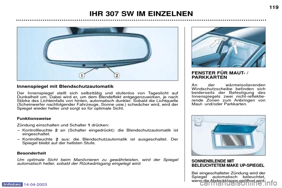 Peugeot 307 SW 2003 Betriebsanleitung (in German) 14-04-2003
IHR 307 SW IM EINZELNEN119
SONNENBLENDE MIT BELEUCHTETEM MAKE UP-SPIEGEL
Bei eingeschalteter ZŸndung wird der Spiegel automatisch beleuchtet,
wenn die Abdeckklappe gešffnet wird.
FENSTE Peugeot 307 SW 2003 Betriebsanleitung (in German) 14-04-2003
IHR 307 SW IM EINZELNEN119
SONNENBLENDE MIT BELEUCHTETEM MAKE UP-SPIEGEL
Bei eingeschalteter ZŸndung wird der Spiegel automatisch beleuchtet,
wenn die Abdeckklappe gešffnet wird.
FENSTE