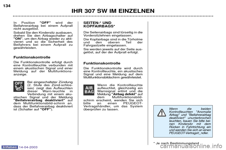 Peugeot 307 SW 2003  Betriebsanleitung (in German) 14-04-2003
In Position "OFF"wird der
Beifahrerairbag bei einem Aufprall nicht ausgelšst.  Sobald Sie den Kindersitz ausbauen, 
drehen Sie den Airbagschalter auf"ON" , um den Airbag wieder zu akti-
vi