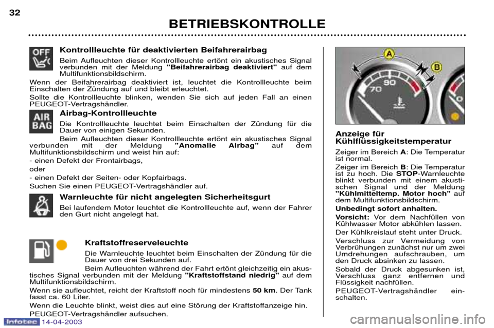 Peugeot 307 SW 2003  Betriebsanleitung (in German) 14-04-2003
Kontrollleuchte fŸr deaktivierten Beifahrerairbag 
Beim Aufleuchten dieser Kontrollleuchte ertšnt ein akustisches Signal verbunden mit der Meldung "Beifahrerairbag deaktiviert" auf dem
Mu