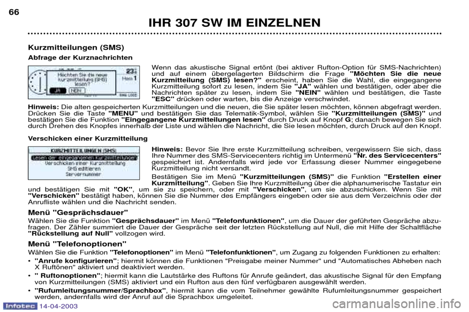 Peugeot 307 SW 2003 Betriebsanleitung (in German) 14-04-2003
IHR 307 SW IM EINZELNEN
66
Kurzmitteilungen (SMS) Abfrage der Kurznachrichten Wenn das akustische Signal ertšnt (bei aktiver Rufton-Option fŸr SMS-Nachrichten) und auf einem Ÿbergelagert Peugeot 307 SW 2003 Betriebsanleitung (in German) 14-04-2003
IHR 307 SW IM EINZELNEN
66
Kurzmitteilungen (SMS) Abfrage der Kurznachrichten Wenn das akustische Signal ertšnt (bei aktiver Rufton-Option fŸr SMS-Nachrichten) und auf einem Ÿbergelagert