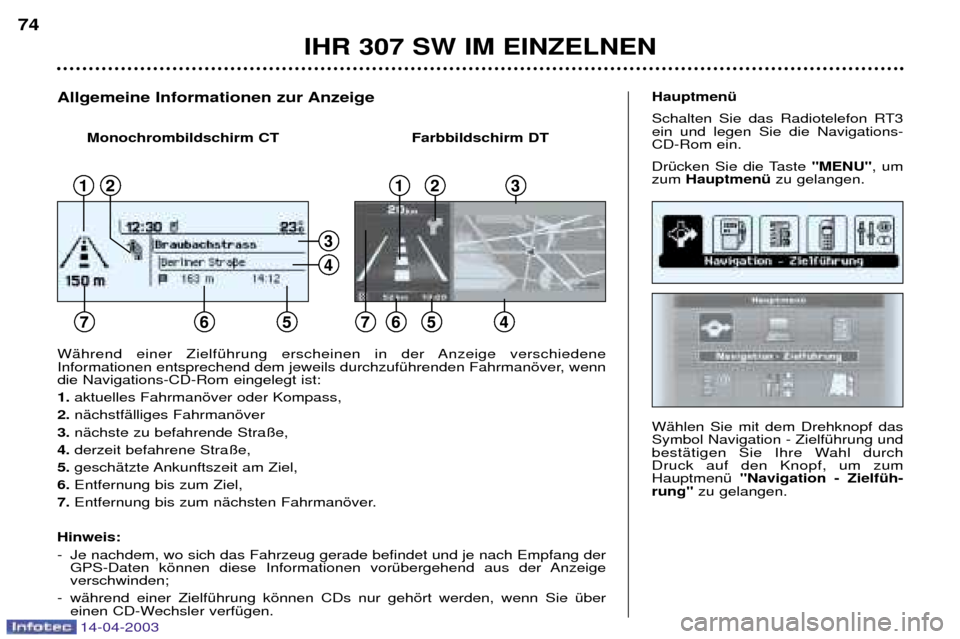 Peugeot 307 SW 2003  Betriebsanleitung (in German) 14-04-2003
IHR 307 SW IM EINZELNEN
74
WŠhlen Sie mit dem Drehknopf das Symbol Navigation - ZielfŸhrung und
bestŠtigen Sie Ihre Wahl durchDruck auf den Knopf, um zumHauptmenŸ "Navigation - ZielfŸh