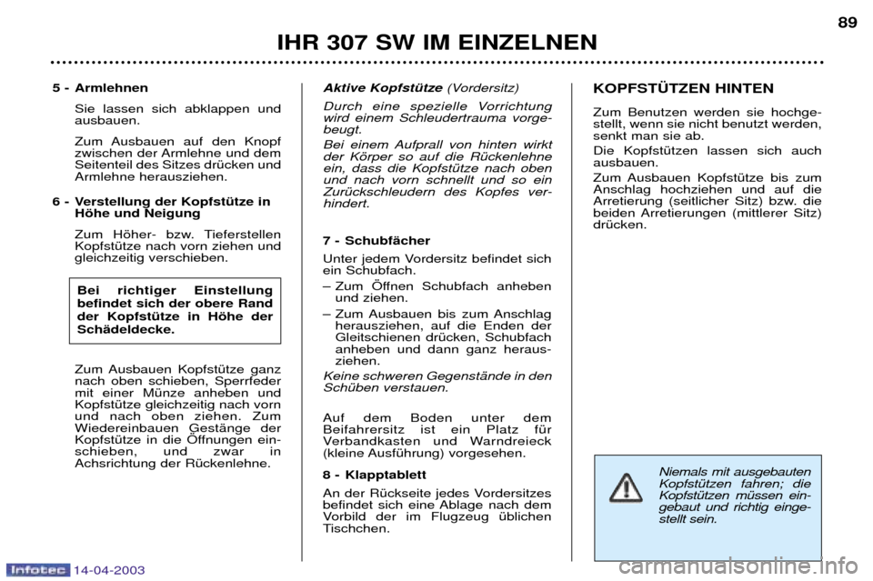 Peugeot 307 SW 2003  Betriebsanleitung (in German) 14-04-2003
Niemals mit ausgebauten KopfstŸtzen fahren; dieKopfstŸtzen mŸssen ein-gebaut und richtig einge-stellt sein. 
5 - ArmlehnenSie lassen sich abklappen und ausbauen. 
Zum Ausbauen auf den Kn