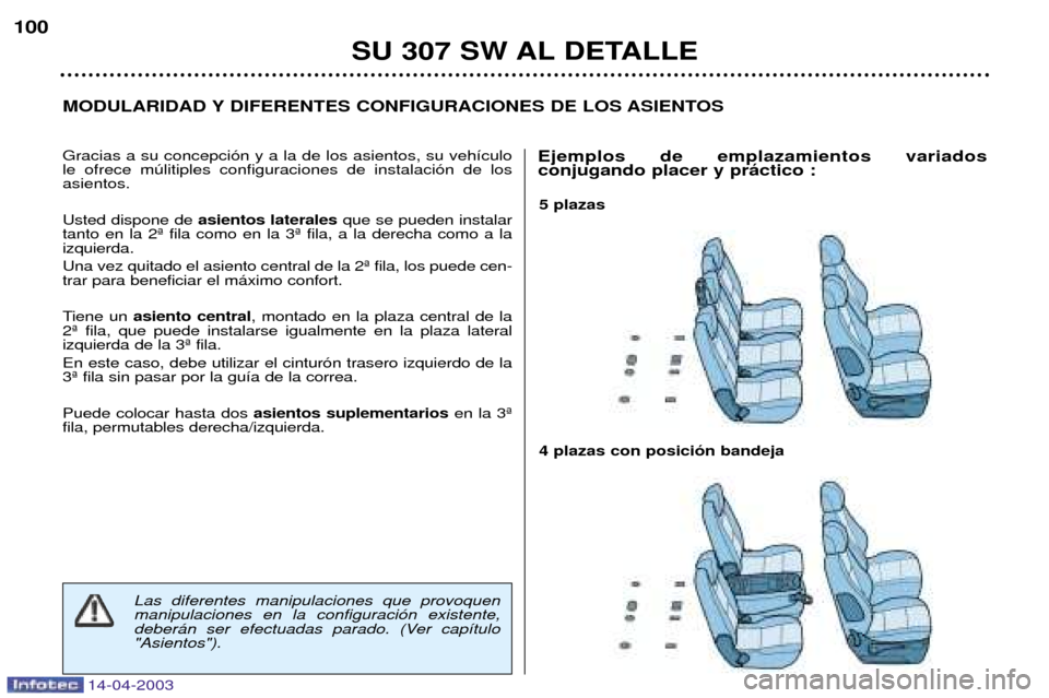 Peugeot 307 SW 2003 Manual del propietario (in Spanish) 14-04-2003
5 plazas 4 plazas con posici—n bandeja
MODULARIDAD Y DIFERENTES CONFIGURACIONES DE LOS ASIENTOS
SU 307 SW AL DETALLE
100
Gracias a su concepci—n y a la de los asientos, su veh’culo le Peugeot 307 SW 2003 Manual del propietario (in Spanish) 14-04-2003
5 plazas 4 plazas con posici—n bandeja
MODULARIDAD Y DIFERENTES CONFIGURACIONES DE LOS ASIENTOS
SU 307 SW AL DETALLE
100
Gracias a su concepci—n y a la de los asientos, su veh’culo le