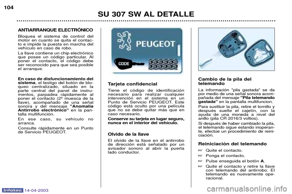 Peugeot 307 SW 2003 Manual del propietario (in Spanish) 14-04-2003
Tarjeta confidencial
Tiene el c—digo de identificaci—n necesario para realizar cualquierintervenci—n en el sistema en un
Punto de Servicio PEUGEOT. Estec—digo est‡ oculto por una Peugeot 307 SW 2003 Manual del propietario (in Spanish) 14-04-2003
Tarjeta confidencial
Tiene el c—digo de identificaci—n necesario para realizar cualquierintervenci—n en el sistema en un
Punto de Servicio PEUGEOT. Estec—digo est‡ oculto por una