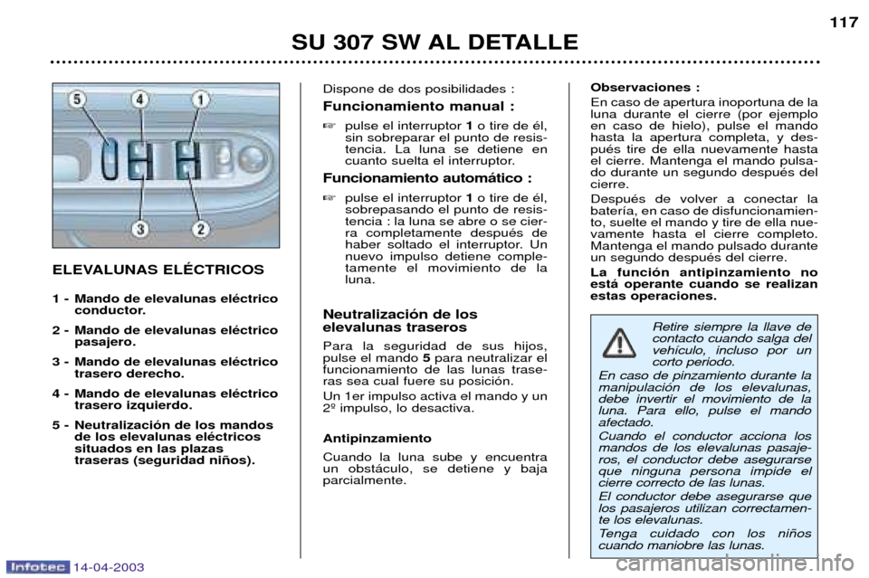 Peugeot 307 SW 2003 Manual del propietario (in Spanish) 14-04-2003
SU 307 SW AL DETALLE117
ELEVALUNAS ELƒCTRICOS
1 - Mando de elevalunas elŽctrico
conductor.
2 - Mando de elevalunas elŽctrico pasajero.
3 - Mando de elevalunas elŽctrico trasero derech Peugeot 307 SW 2003 Manual del propietario (in Spanish) 14-04-2003
SU 307 SW AL DETALLE117
ELEVALUNAS ELƒCTRICOS
1 - Mando de elevalunas elŽctrico
conductor.
2 - Mando de elevalunas elŽctrico pasajero.
3 - Mando de elevalunas elŽctrico trasero derech