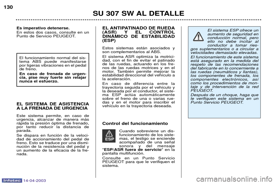 Peugeot 307 SW 2003 Manual del propietario (in Spanish) 14-04-2003
EL ANTIPATINADO DE RUEDA
(ASR) Y EL CONTROL
DINçMICO DE ESTABILIDAD(ESP) Estos sistemas est‡n asociados y
son complementarios al ABS.
El sistema ASR optimiza la motrici- dad, con el f Peugeot 307 SW 2003 Manual del propietario (in Spanish) 14-04-2003
EL ANTIPATINADO DE RUEDA
(ASR) Y EL CONTROL
DINçMICO DE ESTABILIDAD(ESP) Estos sistemas est‡n asociados y
son complementarios al ABS.
El sistema ASR optimiza la motrici- dad, con el f
