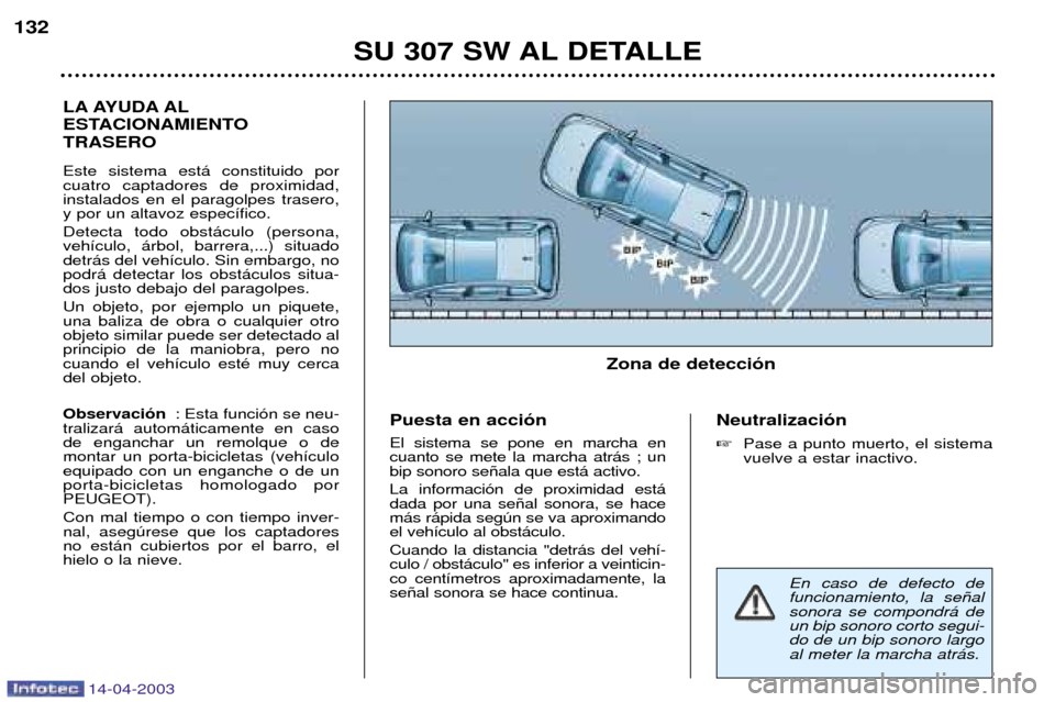 Peugeot 307 SW 2003  Manual del propietario (in Spanish) 14-04-2003
LA AYUDA AL 
ESTACIONAMIENTOTRASERO Este sistema est‡ constituido por cuatro captadores de proximidad,instalados en el paragolpes trasero,y por un altavoz espec’fico. Detecta todo obst�