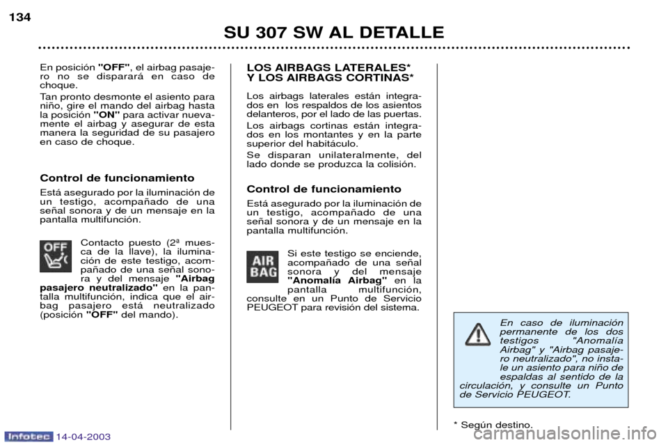 Peugeot 307 SW 2003  Manual del propietario (in Spanish) 14-04-2003
En posici—n"OFF", el airbag pasaje-
ro no se disparar‡ en caso de choque. 
Tan pronto desmonte el asiento para ni–o, gire el mando del airbag hastala posici—n "ON"para activar nueva