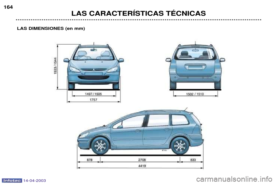Peugeot 307 SW 2003 Manual del propietario (in Spanish) 14-04-2003
LAS CARACTERêSTICAS TƒCNICAS
164
LAS DIMENSIONES (en mm) Peugeot 307 SW 2003 Manual del propietario (in Spanish) 14-04-2003
LAS CARACTERêSTICAS TƒCNICAS
164
LAS DIMENSIONES (en mm)