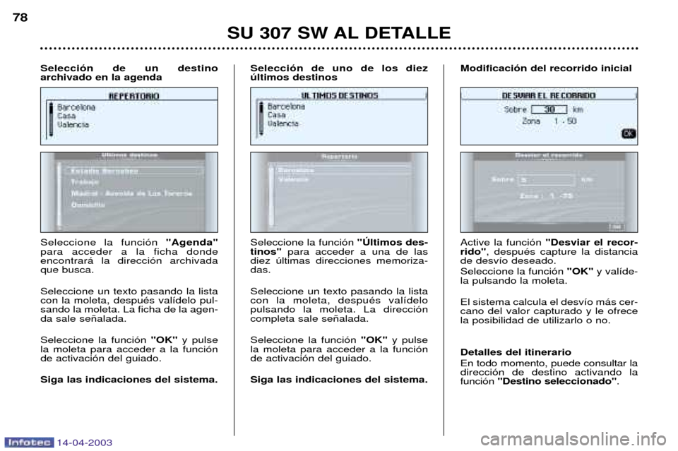 Peugeot 307 SW 2003  Manual del propietario (in Spanish) 14-04-2003
SU 307 SW AL DETALLE
78
Seleccione la funci—n  "Agenda"
para acceder a la ficha donde encontrar‡ la direcci—n archivadaque busca. Seleccione un texto pasando la lista con la moleta, d